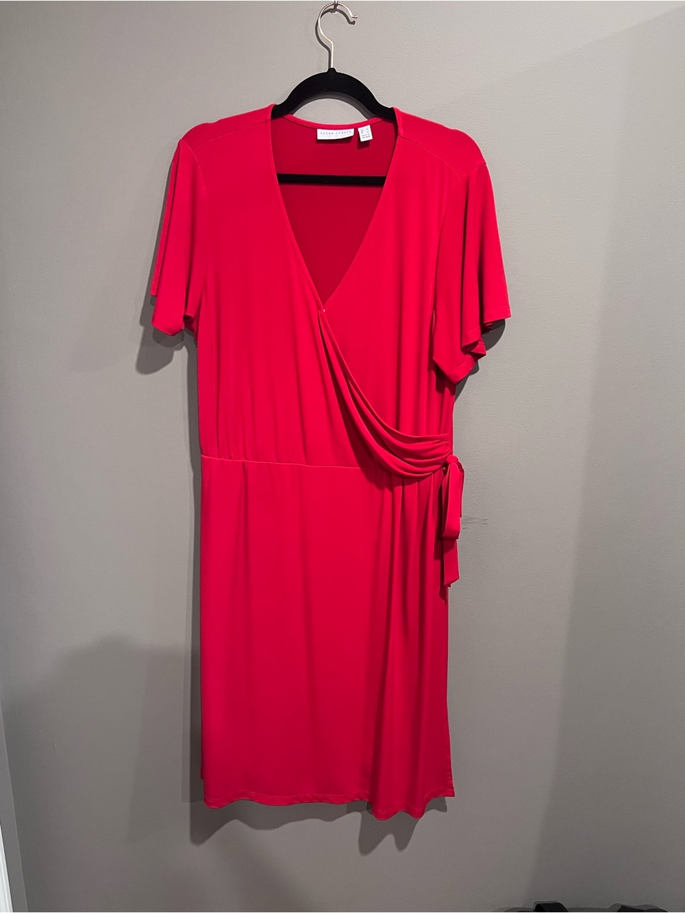 Susan Graver Red Faux Wrap-Style Short Sleeve Dress